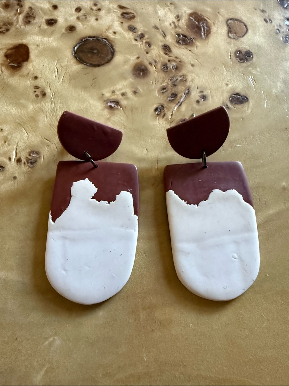 Handmade Two-Tone White and Maroon Polymer Clay Dangle Earrings